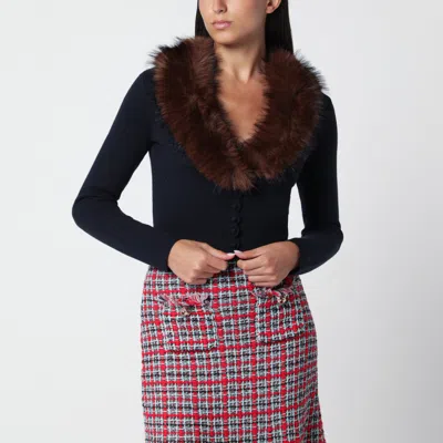 Self-portrait Faux Fur Trim Knit Cardigan In Black