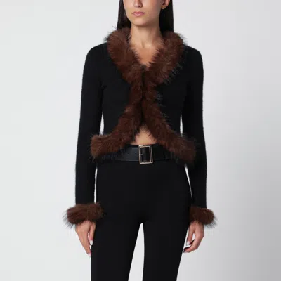 Self-portrait Faux Fur Trim Mini Knitted Cardigan In Black