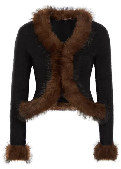 Self-portrait Faux Fur-trim Knit Cardigan In Black