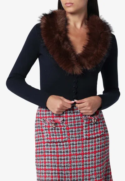 Self-portrait Faux Fur-trimmed Knitted Cardigan In Blue