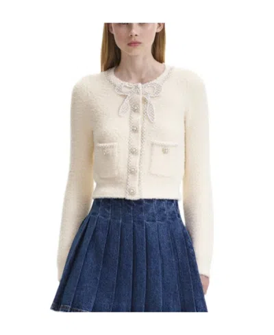 Self-portrait Faux Pearl-embellished Cropped Cardigan In Neutral
