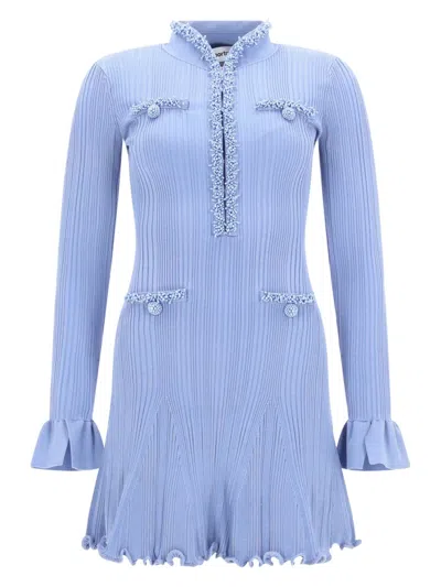 Self-portrait Faux Pearl-embellished Ribbed-knit Mini Dress In Blue
