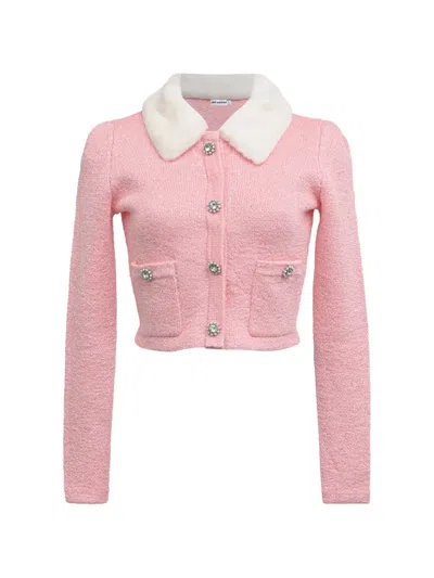 Pre-owned Self-portrait Faux-fur Collar Cropped Sweater In Pink