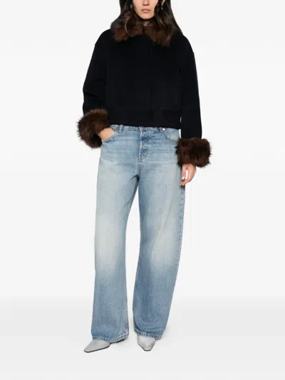 Self-portrait Relaxed Fit Mini Jacket With Removable Faux Fur Trim In Blue