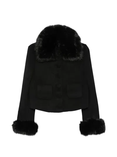 Self-portrait Faux-fur Trim Button-up Jacket In Black