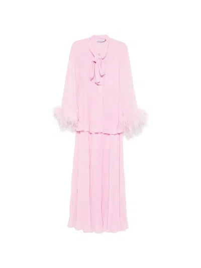 Self-portrait Feather-trim Pleated Maxi Dress In Pink