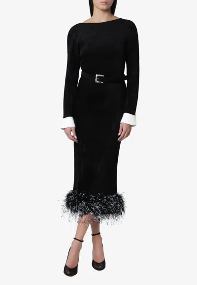 Self-portrait Feather-trimmed Midi Chenille Knit Dress In Black