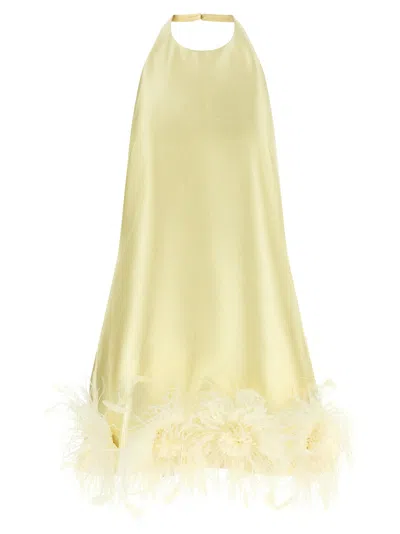 Self-portrait Feather-trimmed Structured Silk Dress In Yellow