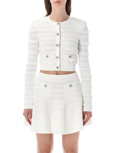 Self-portrait Feminine Pointelle Knit Cardigan With Removable Shoulders In Bianco