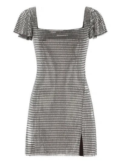 Self-portrait Fitted Midi Dress With Silver Applications And Square Neckline In Gray