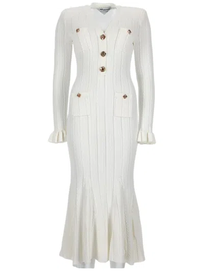 Self-portrait Fitted Pointed Knit Ruffled Dress In White