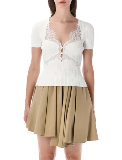 Self-portrait Fitted Rib Knit Top With Keyhole Neckline - Size S In White