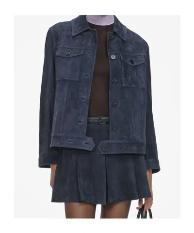 Self-portrait Flap-pocket Suede Jacket In Blue