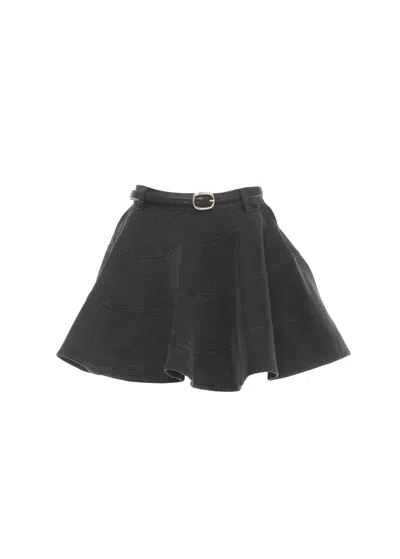 Self-portrait Flared Black Denim Mini Skirt With Matching Belt
