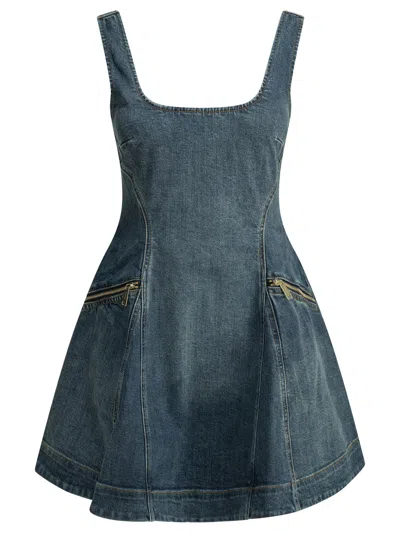 Self-portrait Flared Denim Mini Dress In Blue