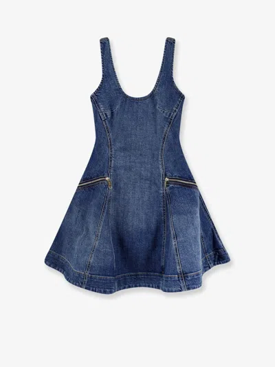 Self-portrait Flared Denim Mini Dress In Blue