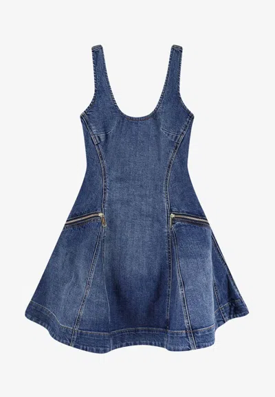 Self-portrait Knee Length Dress Scoop Neck Zip Pockets In Blue