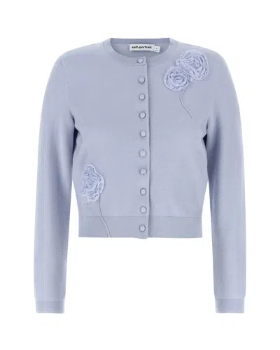 Self-portrait Floral Applique Cropped Cardigan In Blue