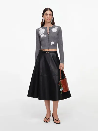 Self-portrait Floral Appliqué Snap-front Wool-blend Cardigan With Removable Shoulder Pads In Gray