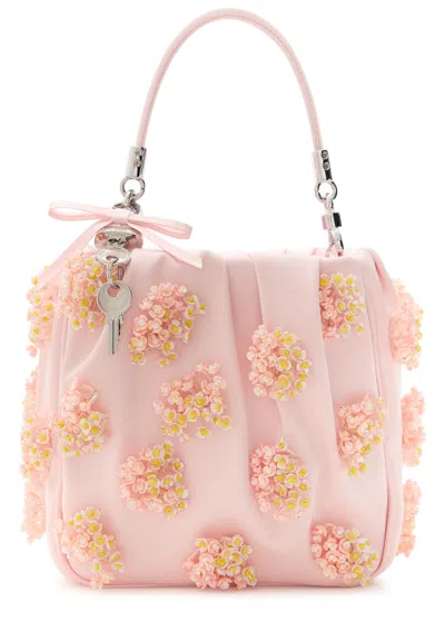 Self-portrait Floral Bead-embellished Satin Tote In Pink