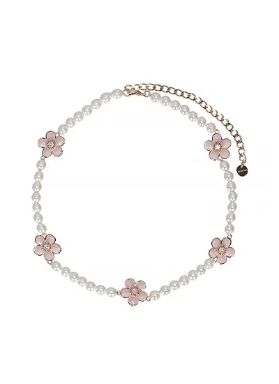 Self-portrait Floral Brass Necklace With Pearl String And Crystal Accents In Metallic
