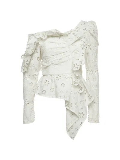 Pre-owned Self-portrait Floral Broderie Asymmetric Top In White