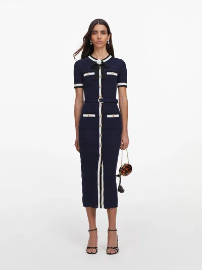 Self-portrait Embellished Bow-detailed Pointelle-knit Cotton-blend Midi Dress In Blue