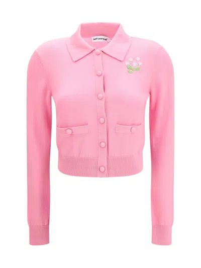 Self-portrait Floral-embroidered Wool Cardigan In Pink