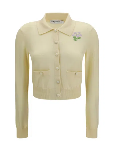 Self-portrait Floral Embroidered Wool Cardigan In Yellow