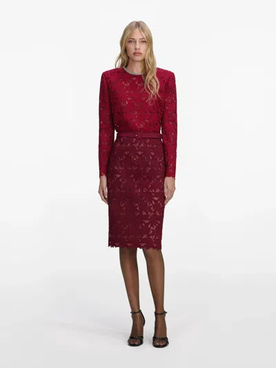 Self-portrait Floral Guipure Lace Fitted Midi Skirt With Removable Belt In Red