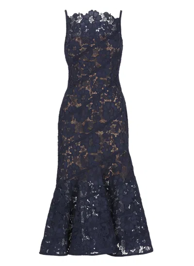Self-portrait Floral Lace Mermaid Dress With Nude Slip And Hidden Closure In Blue