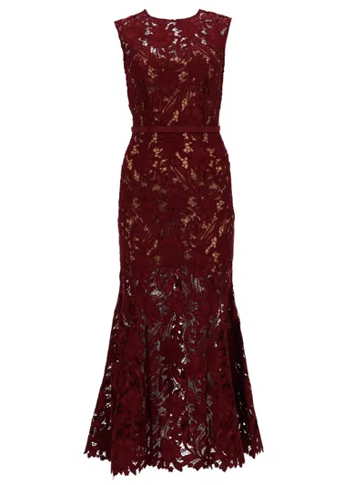 Self-portrait Fitted Guipure Lace Midi Dress With Removable Belt In Red