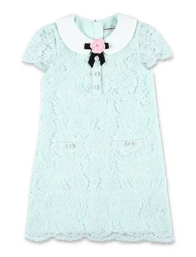 Self-portrait Floral Lace Mini Dress With Contrast Painterly Trim And Bow Front In Verde
