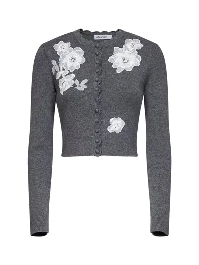Self-portrait Floral Lace-embroidered Wool Cardigan In Gray