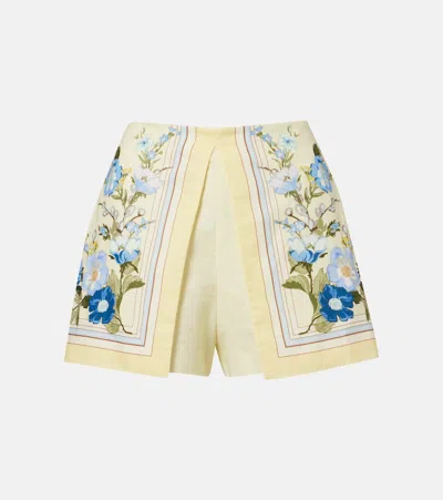 Self-portrait Floral Linen And Cotton Shorts In Yellow