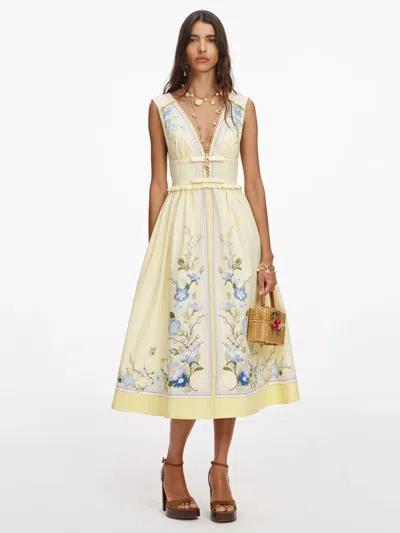 Self-portrait Floral Linen Shorts In Yellow