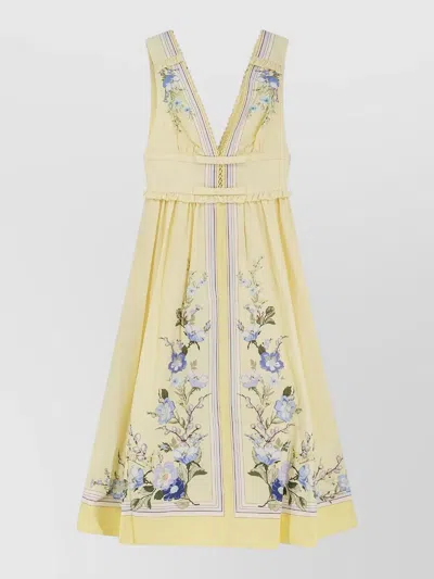 Self-portrait Floral Pleated Sleeveless Dress Knee Length In Neutral