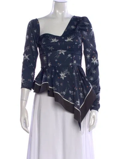 Pre-owned Self-portrait Floral Print Asymmetrical Blouse In Blue