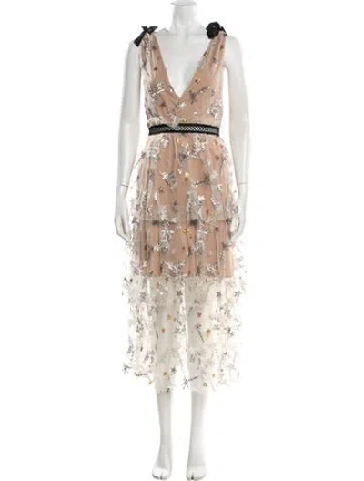 Pre-owned Self-portrait Floral Print Long Dress In Neutral