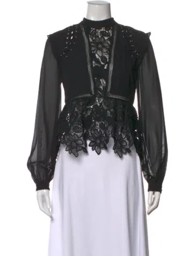 Pre-owned Self-portrait Floral Print Mock Neck Blouse In Black