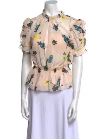 Pre-owned Self-portrait Floral Print Mock Neck Blouse W/ Tags In Orange