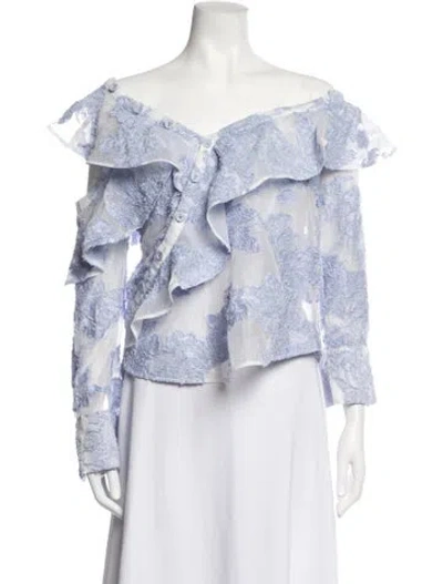 Pre-owned Self-portrait Floral Print Off-the-shoulder Blouse In Blue
