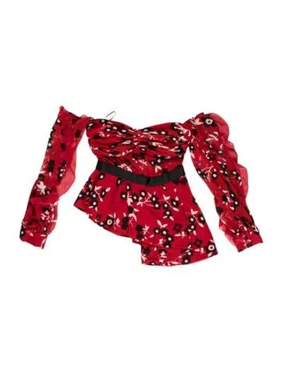 Pre-owned Self-portrait Floral Print Off-the-shoulder Blouse In Red