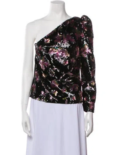 Pre-owned Self-portrait Floral Print One-shoulder Blouse In Black