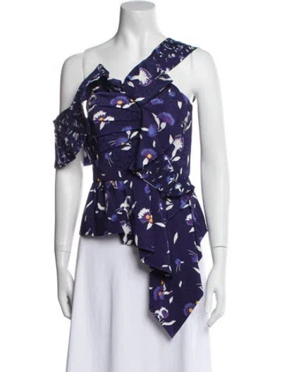 Pre-owned Self-portrait Floral Print One-shoulder Blouse In Blue
