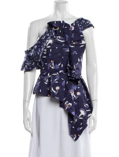 Pre-owned Self-portrait Floral Print One-shoulder Blouse In Blue