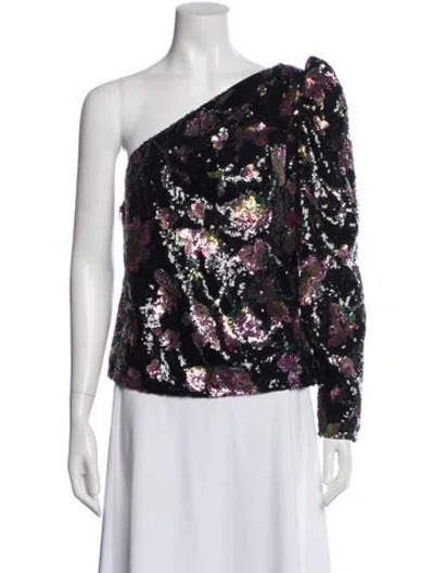 Pre-owned Self-portrait Floral Print One-shoulder Top In Black