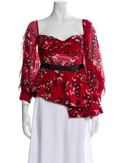 Pre-owned Self-portrait Floral Print Square Neckline Blouse In Red