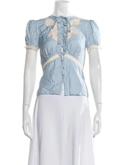 Pre-owned Self-portrait Floral Print Tie Neck Blouse W/ Tags In Blue