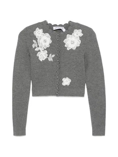 Self-portrait Grey Knit Cardigan With Floral Lace Embroidery In Gray